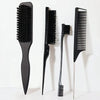 A set of black professional pointed tail combs for precise hair parting, shown vertically.