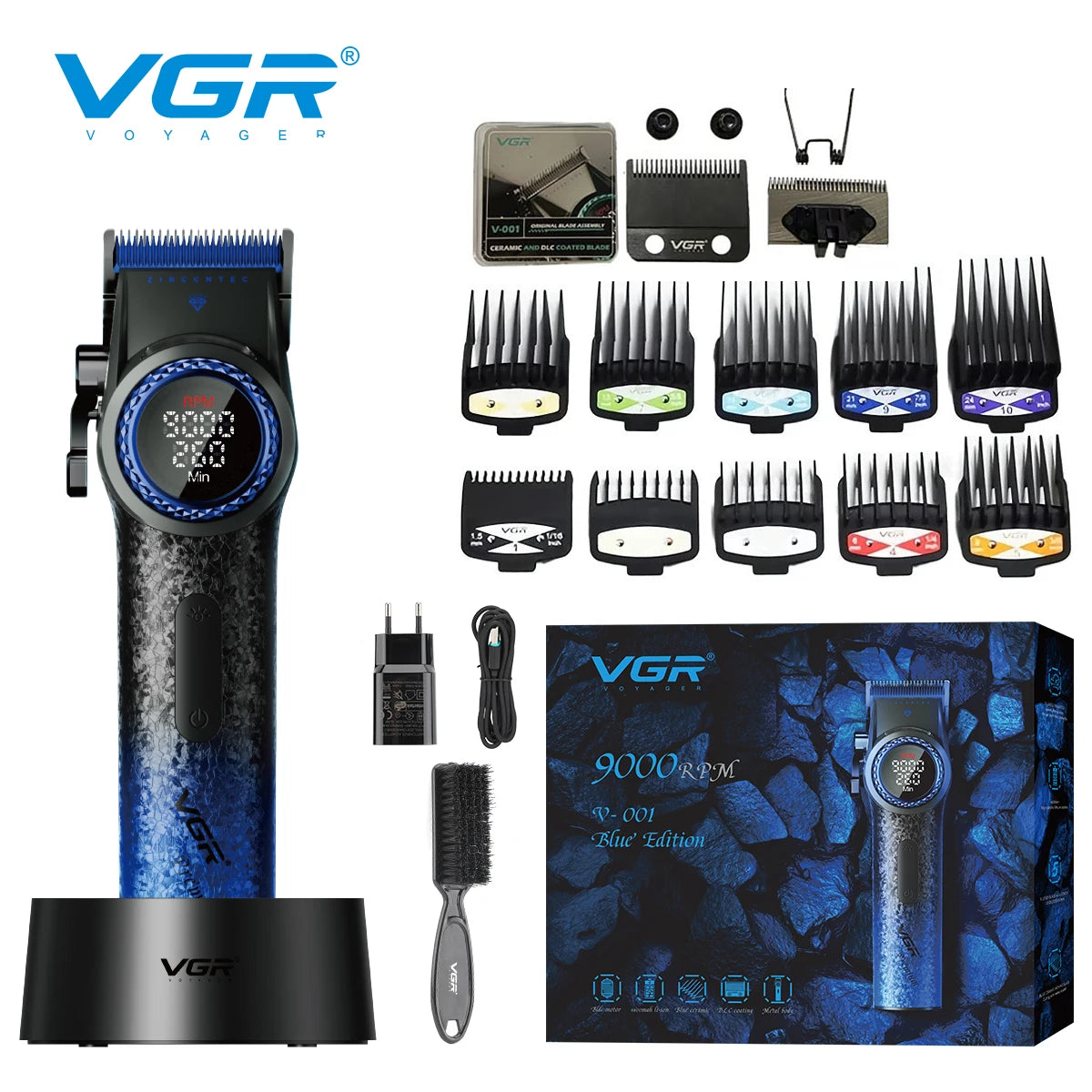 A VGR 9000RPM professional rotary hair trimmer with various attachments and accessories.