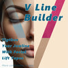 Nahaufnahme des Gesichts einer Frau mit Auge und Kieferlinie, mit Werbung für V-Line Builder Gesichtsstraffriemen.