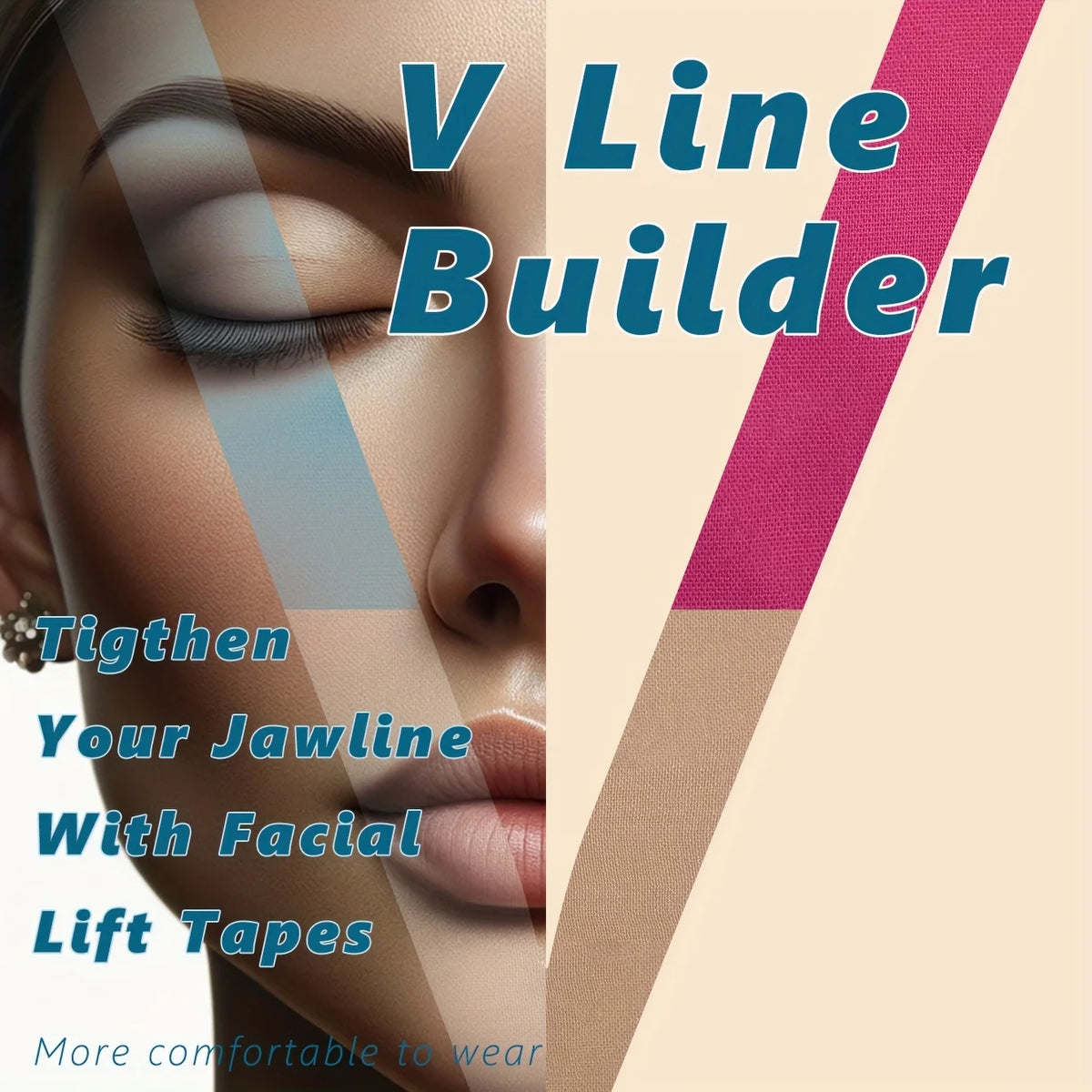 Nahaufnahme des Gesichts einer Frau mit Auge und Kieferlinie, mit Werbung für V-Line Builder Gesichtsstraffriemen.