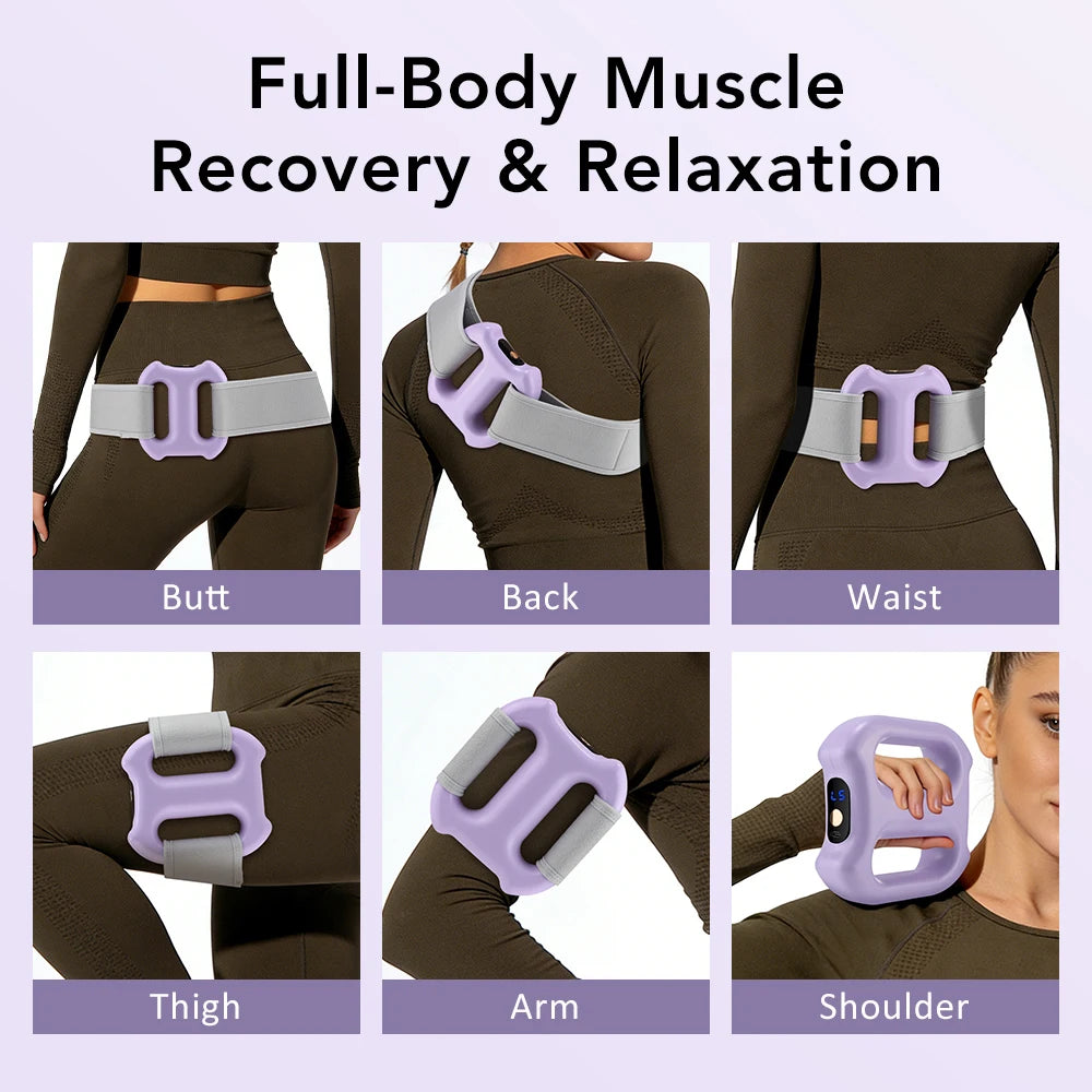 A set of purple and gray electric body vibration massagers shown on various body parts including butt, back, waist, thigh, ar