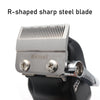 R-shaped sharp steel blade attached to a professional cordless hair clipper.