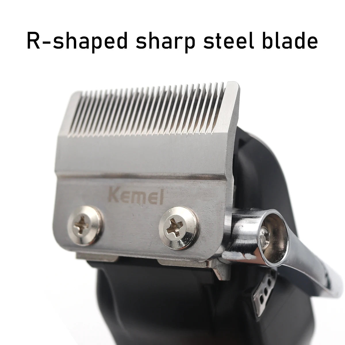 R-shaped sharp steel blade attached to a professional cordless hair clipper.