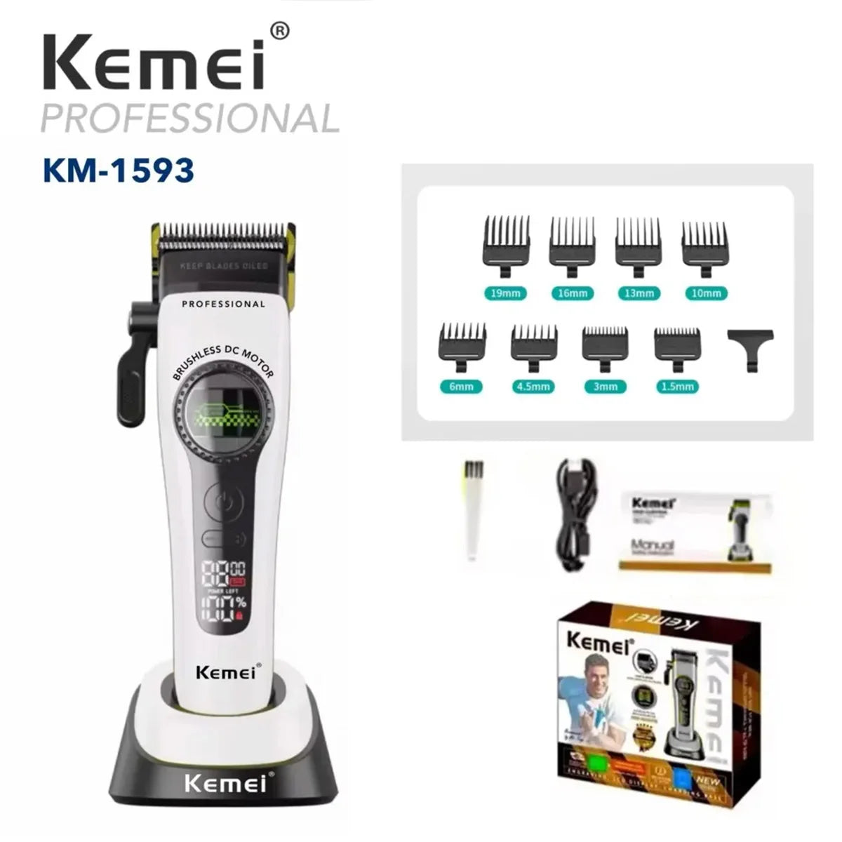 A Kemel KM-1593 professional electric hair clipper with various precision guards and accessories.