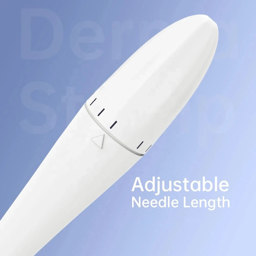 A white professional adjustable microneedling stamp roller with a visible adjustment mechanism.