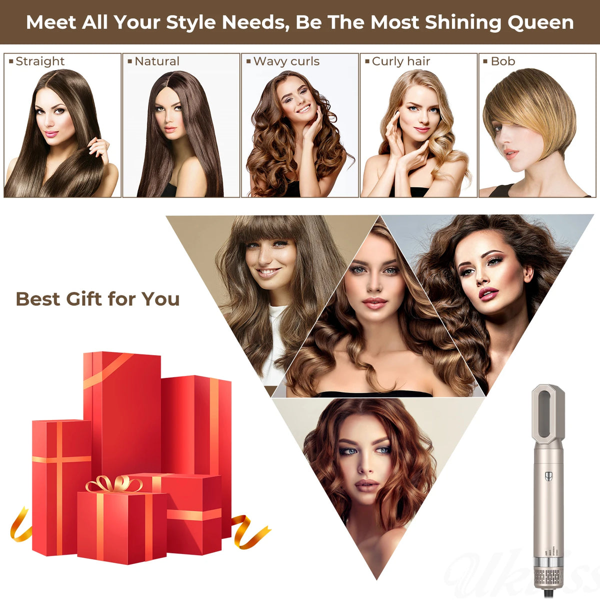 A collection of hair styling options including straight, natural, wavy curls, curly hair, and bob styles shown alongside a pr