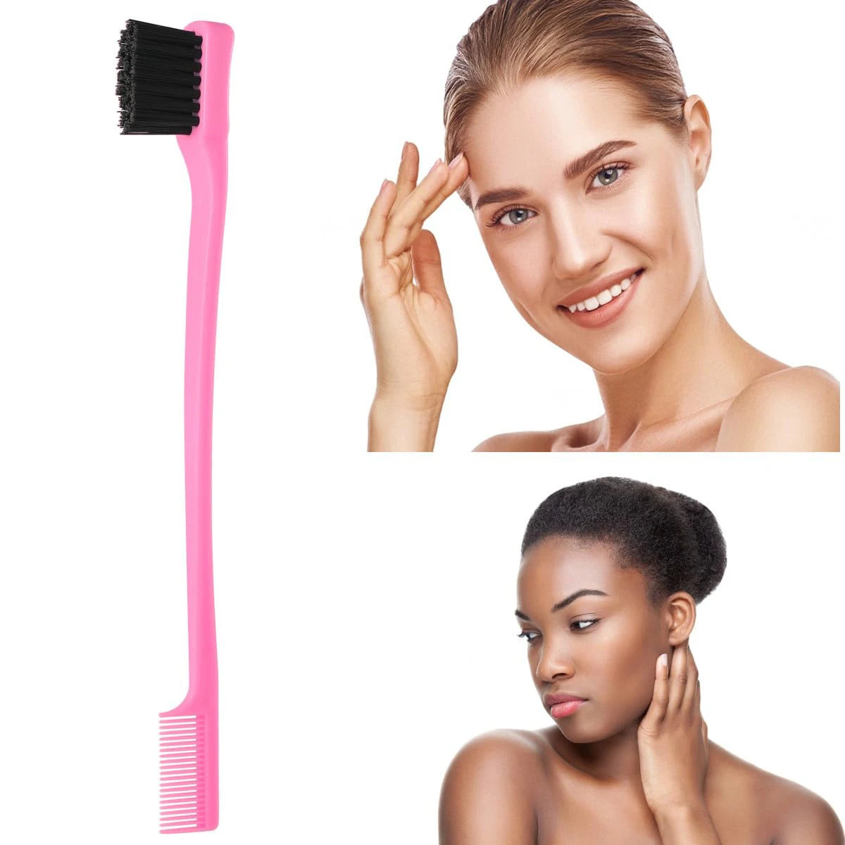 Cepillo para controlar los bordes del cabello de dos caras y una mujer usándolo en su rostro y cuero cabelludo.
