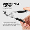 A close-up of a silver eyelash curler with a black handle being held by a hand.