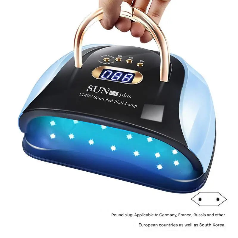 A hand holds a black and blue SUN UV Nail Lamp with a gold handle, showing the light-up treatment area.
