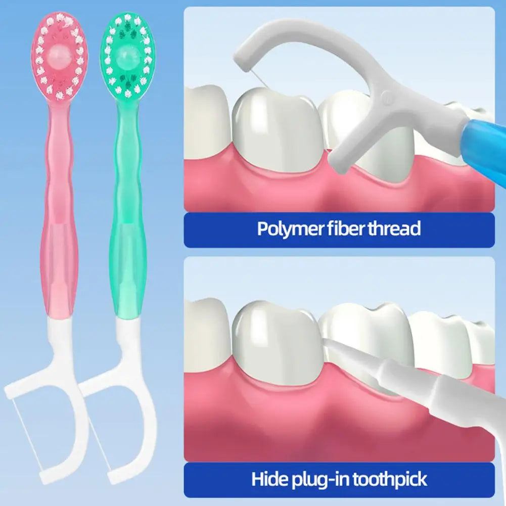 A set of dental tools including a polymer fiber thread and a hide plug-in toothpick shown in use on teeth.