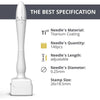 A white microneedle set with titanium coating and adjustable needles shown next to a stamp size guide.