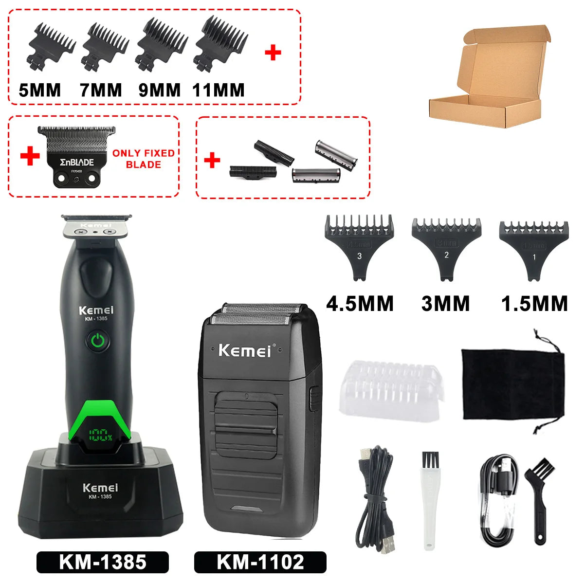 Set of Kemel electric hair trimmers including various blade sizes and accessories