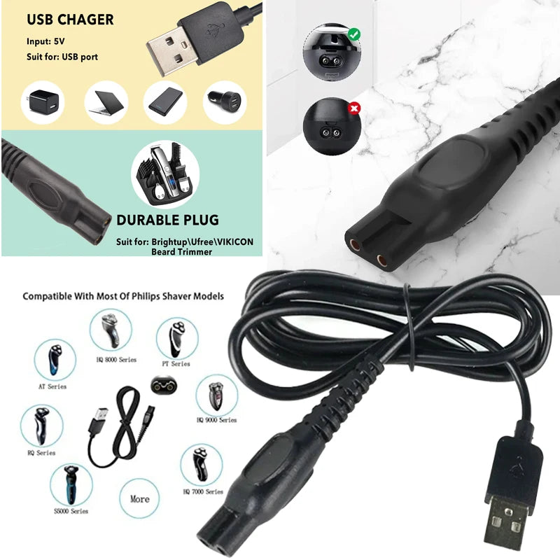 Adaptateur de charge électrique universel noir avec cordon et fiche USB pour divers modèles de rasoirs Philips.
