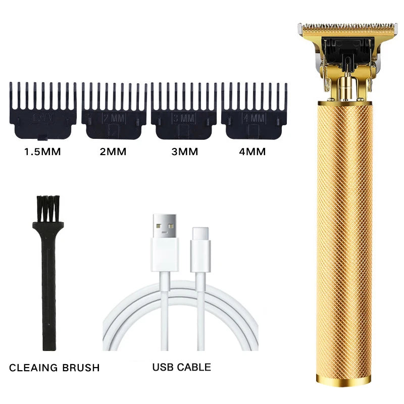 A professional wireless beard shaver trimmer with a gold body, multiple guard attachments, and an included USB cable.