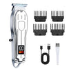 A professional cordless hair clipper trimmer set showing the main body, attachments, and charging cable.