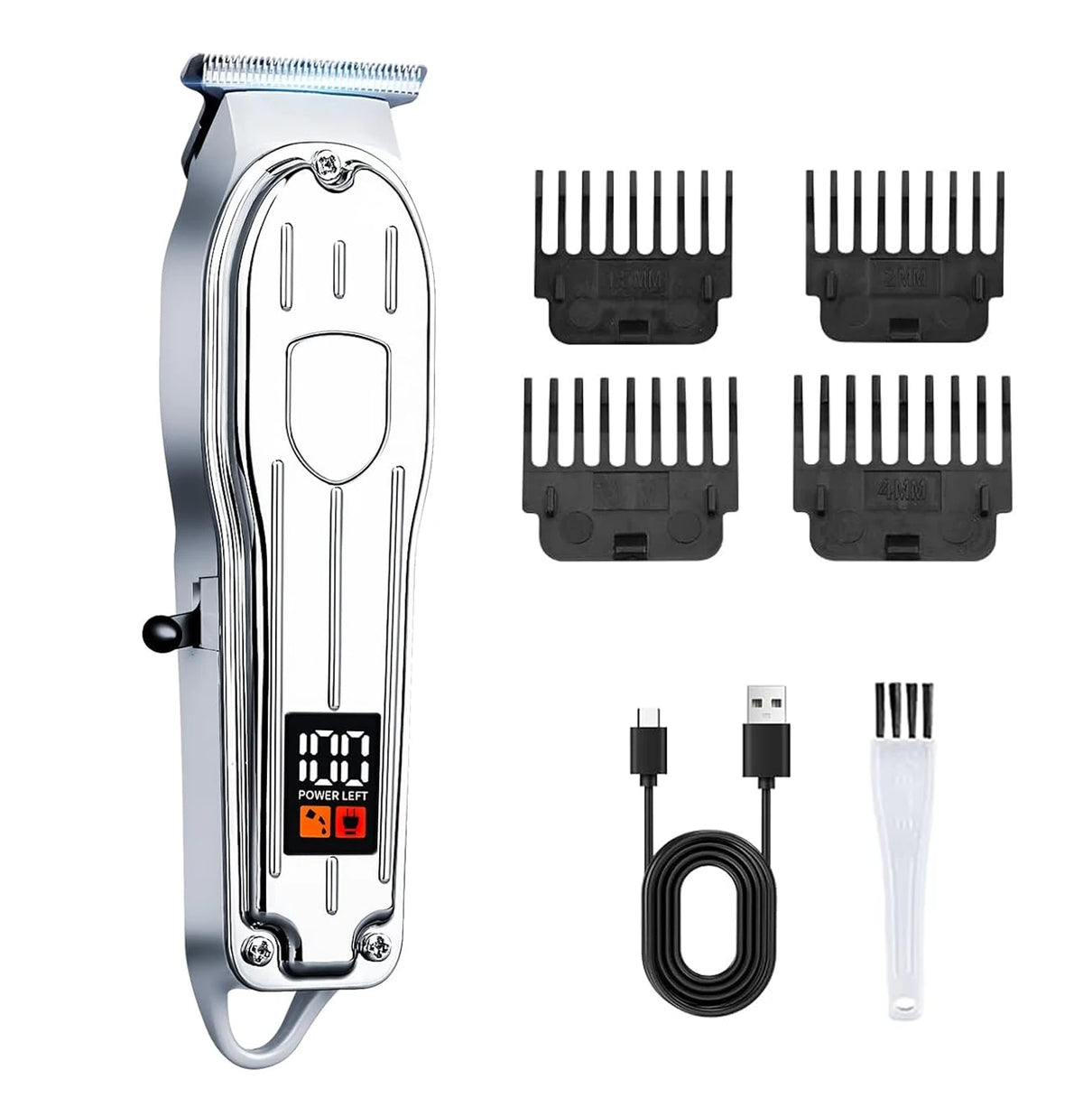 A professional cordless hair clipper trimmer set showing the main body, attachments, and charging cable.