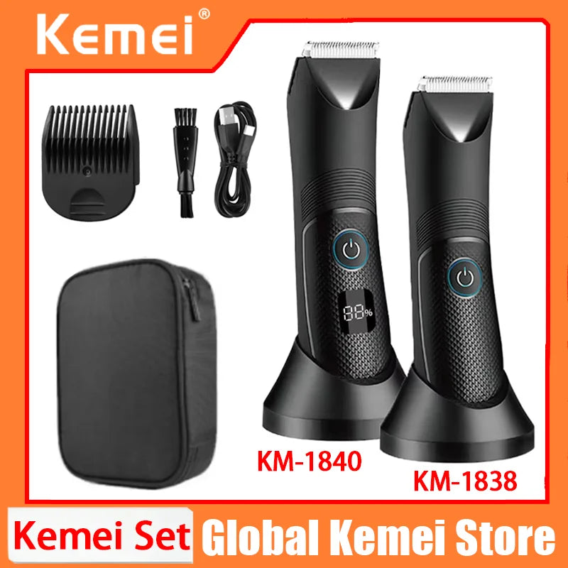 Kemei set featuring two black body hair trimmers, KM-1840 and KM-1838, and an accessory.