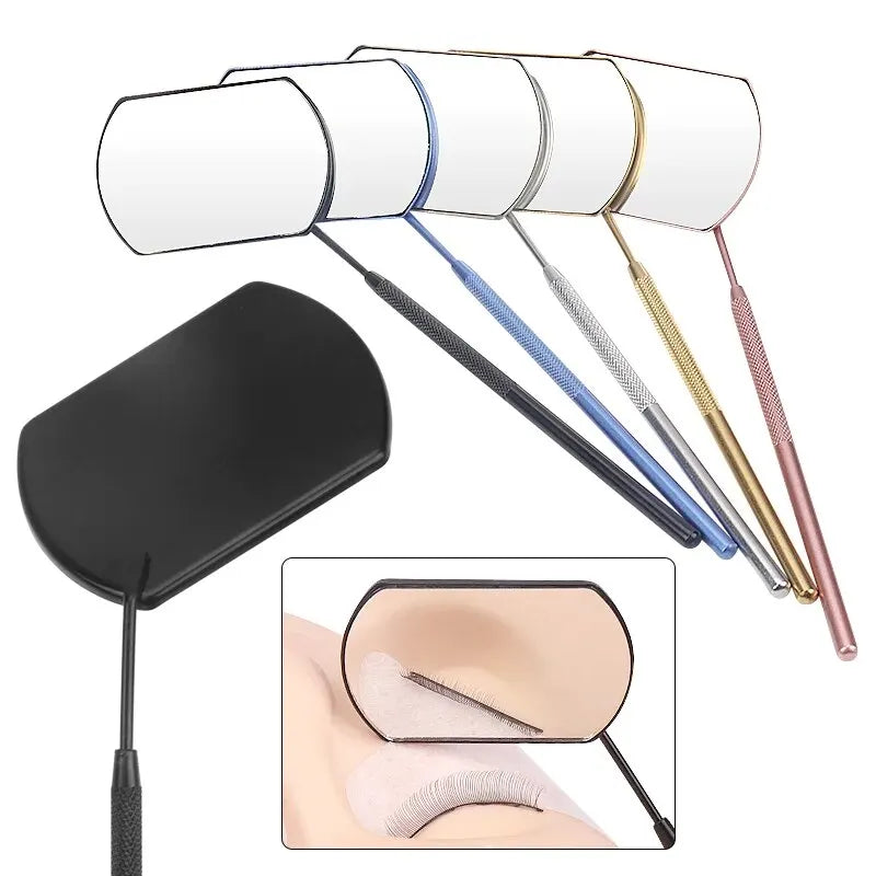 A set of professional stainless steel lash extension mirrors, including multiple oval and rectangular mirrors.