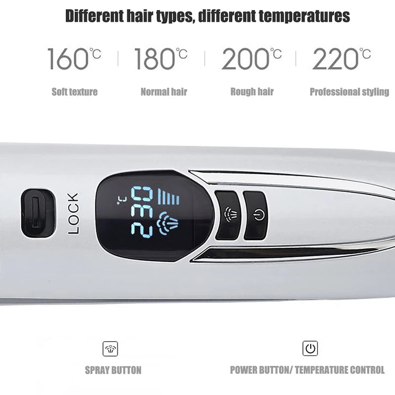 Close-up of a silver hair straightener iron with temperature settings and control buttons.