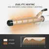 A professional electric hair curler with dual PTC heating is shown, demonstrating instant and even heating.