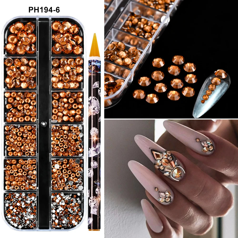 Un ensemble de strass et outils pour l'art des ongles PH194-6, présentés avec des designs terminés.