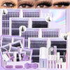 A collection of DIY eyelash clusters and tools for volume and definition, including false lashes, tweezers, and adhesive.