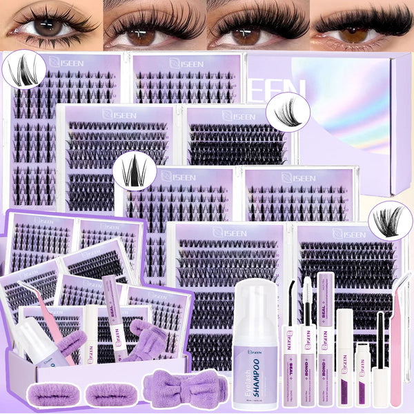 A collection of DIY eyelash clusters and tools for volume and definition, including false lashes, tweezers, and adhesive.