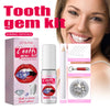 A kit for making tooth gem jewelry featuring shining crystals, dental adhesive, UV light, and resin.