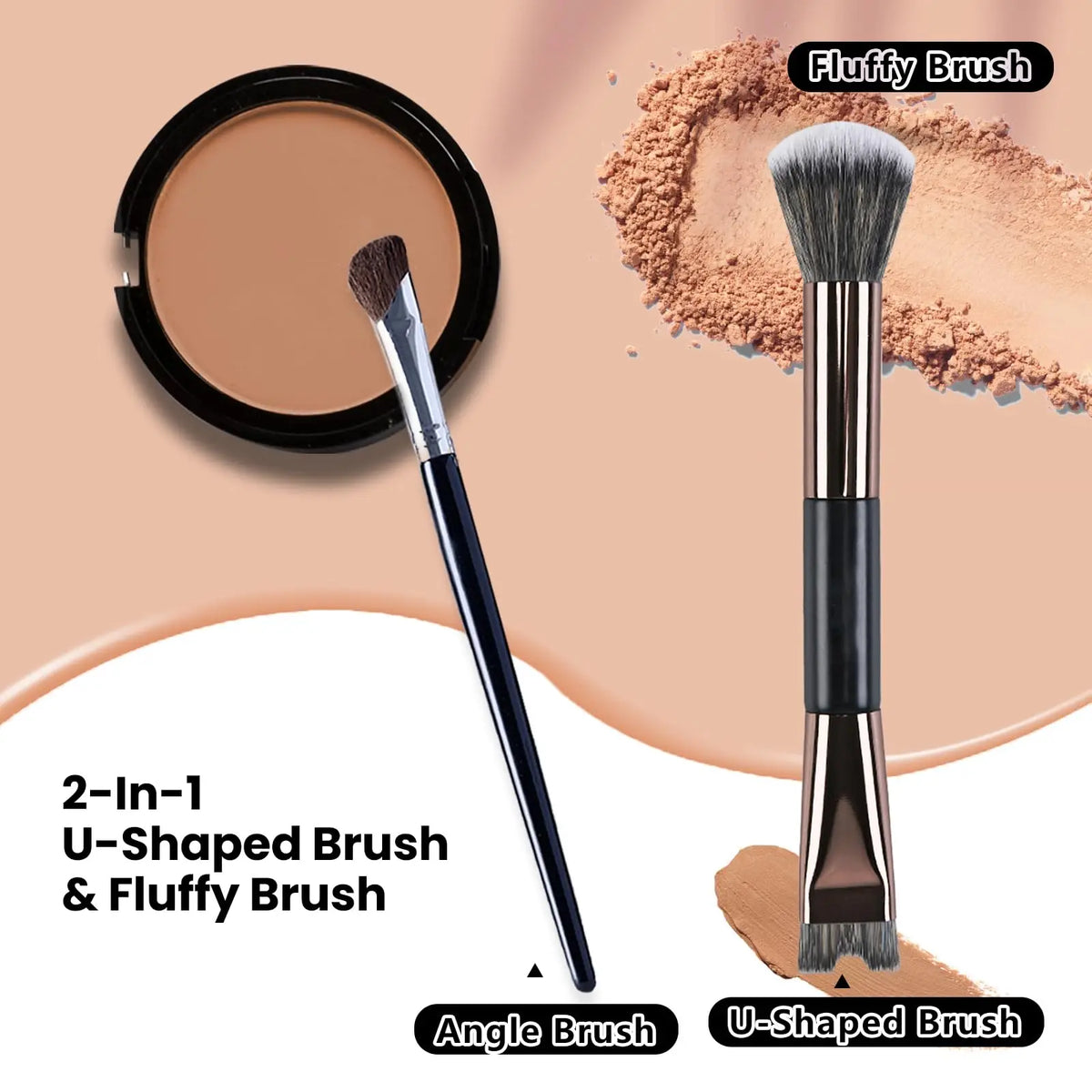 Un set de brochas en forma de U y ángulo peludas, junto a polvo de maquillaje suelto.