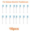 A set of 16 replacement brush heads for an Ocean electric toothbrush, shown in various colors and shapes.