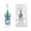 A clear microneedling device is shown next to its sealed packaging.