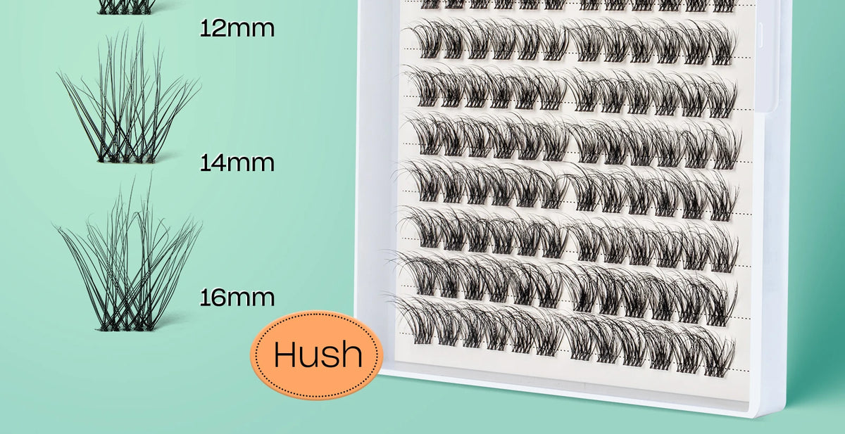 A display of 3D wispy eyelash clusters in various lengths (12mm, 14mm, 16mm) for DIY extensions.