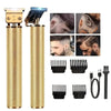 A professional rechargeable hair clipper grooming kit showing various attachments and the main body in gold finish.