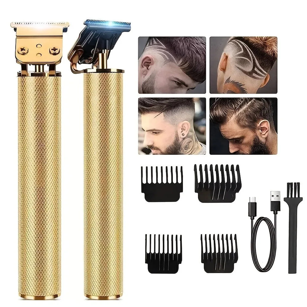 A professional rechargeable hair clipper grooming kit showing various attachments and the main body in gold finish.