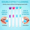 A set of three double effect cleaning toothbrushes for tongue scraping, showing ordinary and innovation versions.