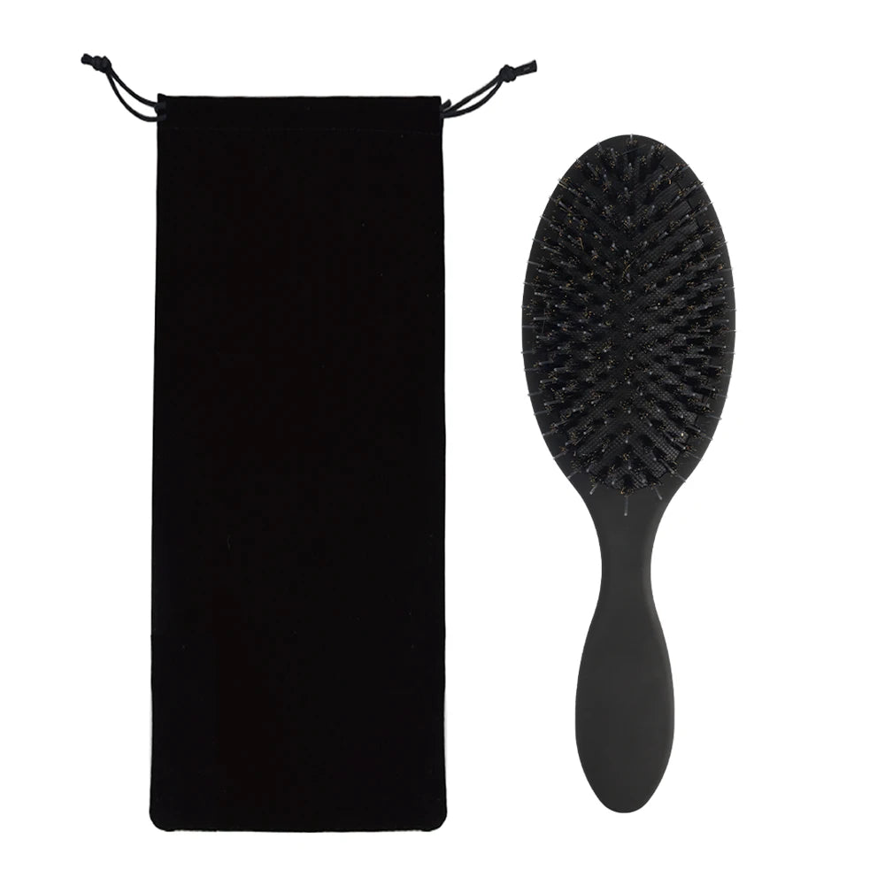 A black fabric pouch and a black boar bristle hair extension brush set.