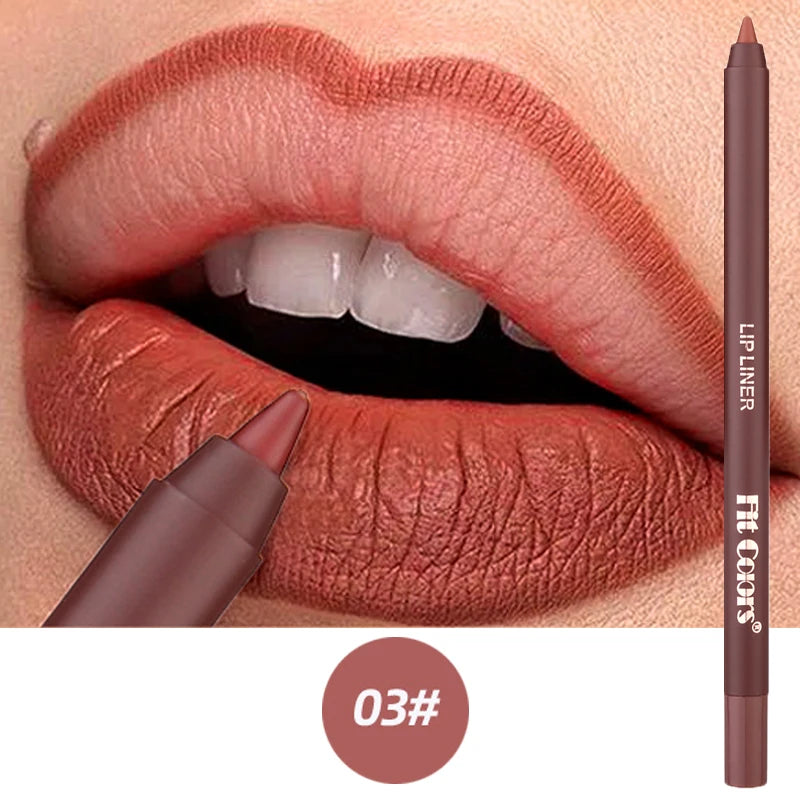 A brown lip liner pencil is shown next to a woman's lips, demonstrating the color shade 03.