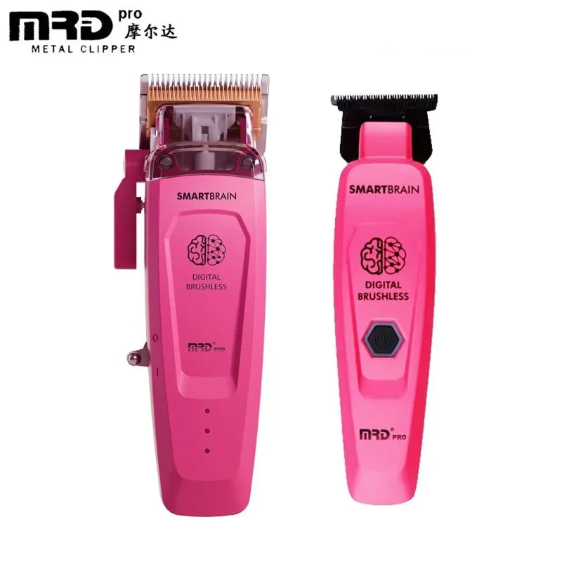 A pink SmartBrain digital brushless electric hair clipper with a metal clip attachment.