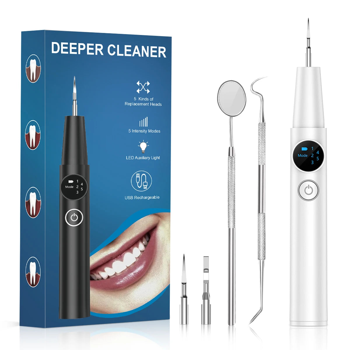 A professional ultrasonic dental cleaning kit shown with various replacement heads and a handheld device.