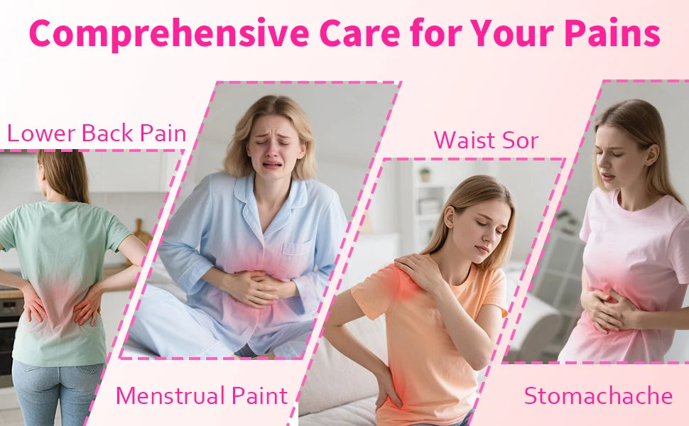 Illustration showing women experiencing various pains like lower back pain, menstrual pain, waist soreness, and stomachache w