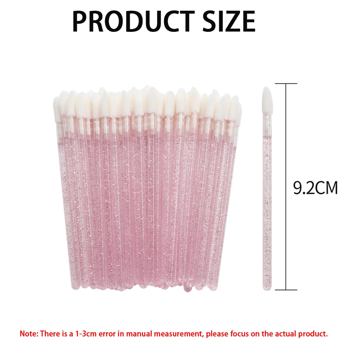 A tube of pink glitter crystal applicator wands for lip and eyelash extensions shown next to a ruler marking 9.2cm.