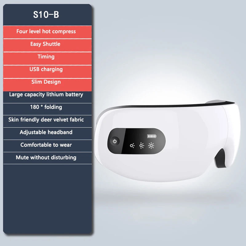 A white smart eye massager device shown next to a feature list.