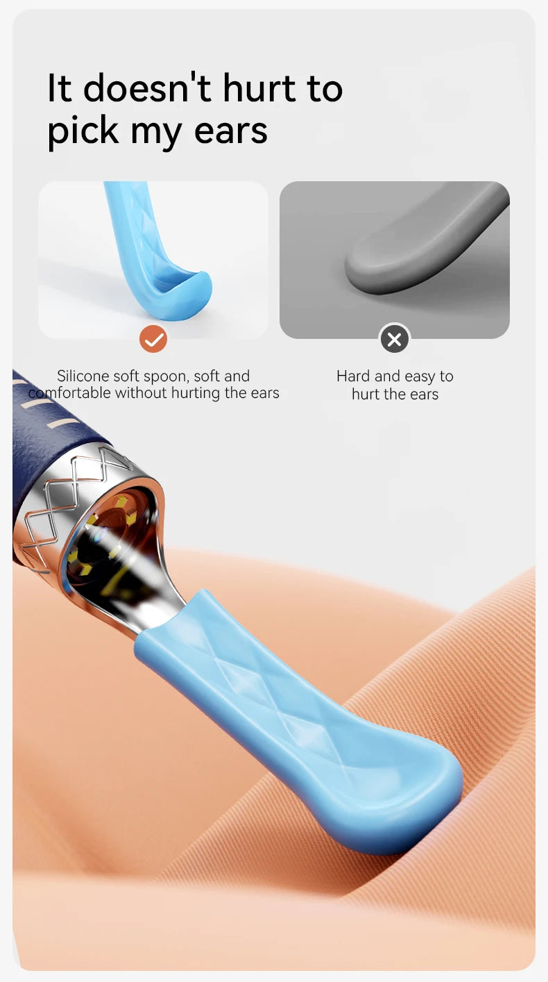 A silicone ear spoon tool in light blue is shown next to a gray version, demonstrating its use for cleaning the ears.