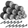 A set of 30 heatless hair styling tools, including rollers and curlers, shown in a black and silver color scheme.