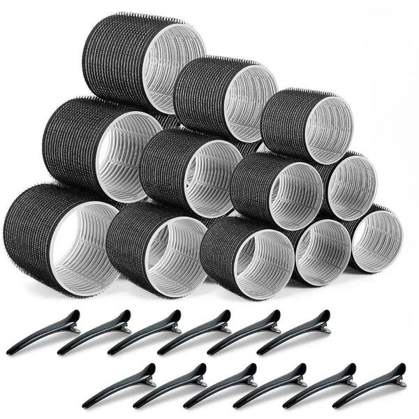 A set of 30 heatless hair styling tools, including rollers and curlers, shown in a black and silver color scheme.