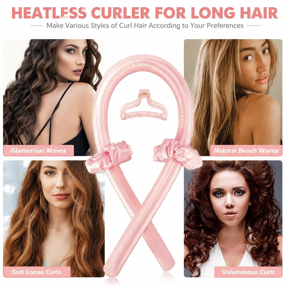 A pink satin heatless curler tool shown with various styles of long hair curls.