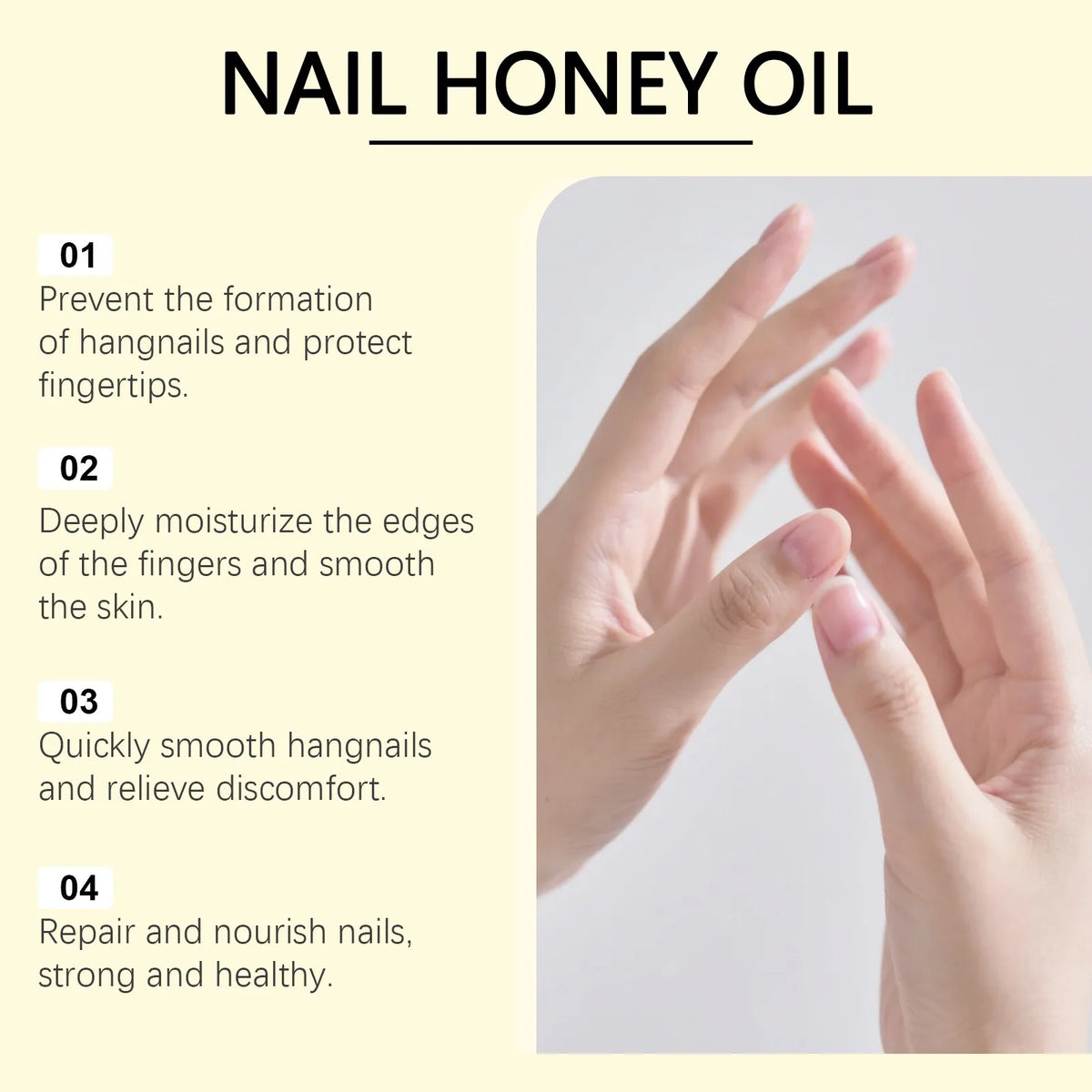 Manos aplicando o mostrando un aceite de uñas dorado para nutrir el cabello y la piel.