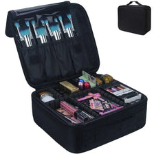 A black portable makeup organizer bag showing brushes and cosmetic products inside.