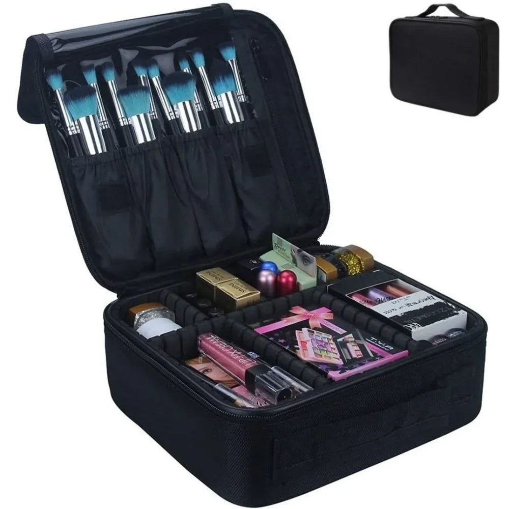 A black portable makeup organizer bag showing brushes and cosmetic products inside.