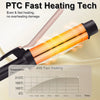 A ceramic curling iron is shown heating, demonstrating PTC fast heating technology with a temperature control graph.